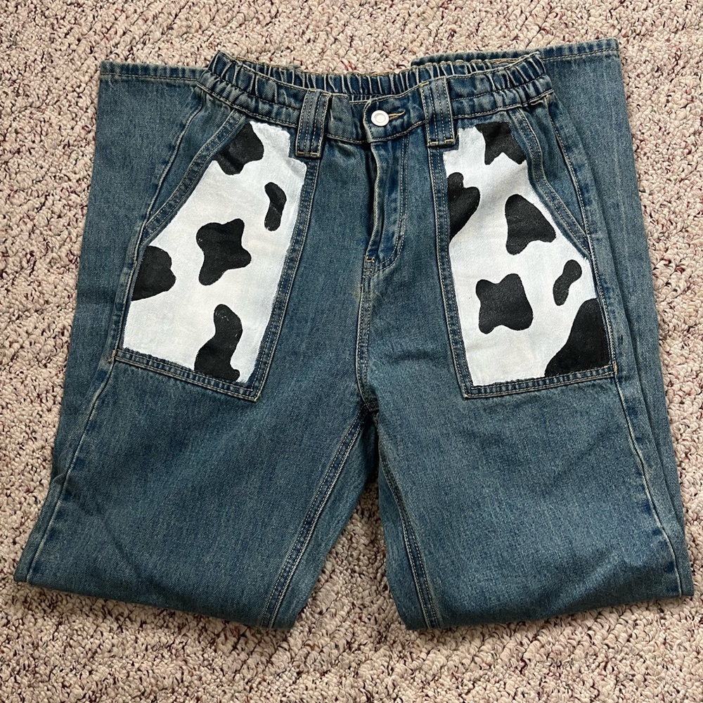 NWOT Laney Rene jeans size Small, fabric painted cow print pockets